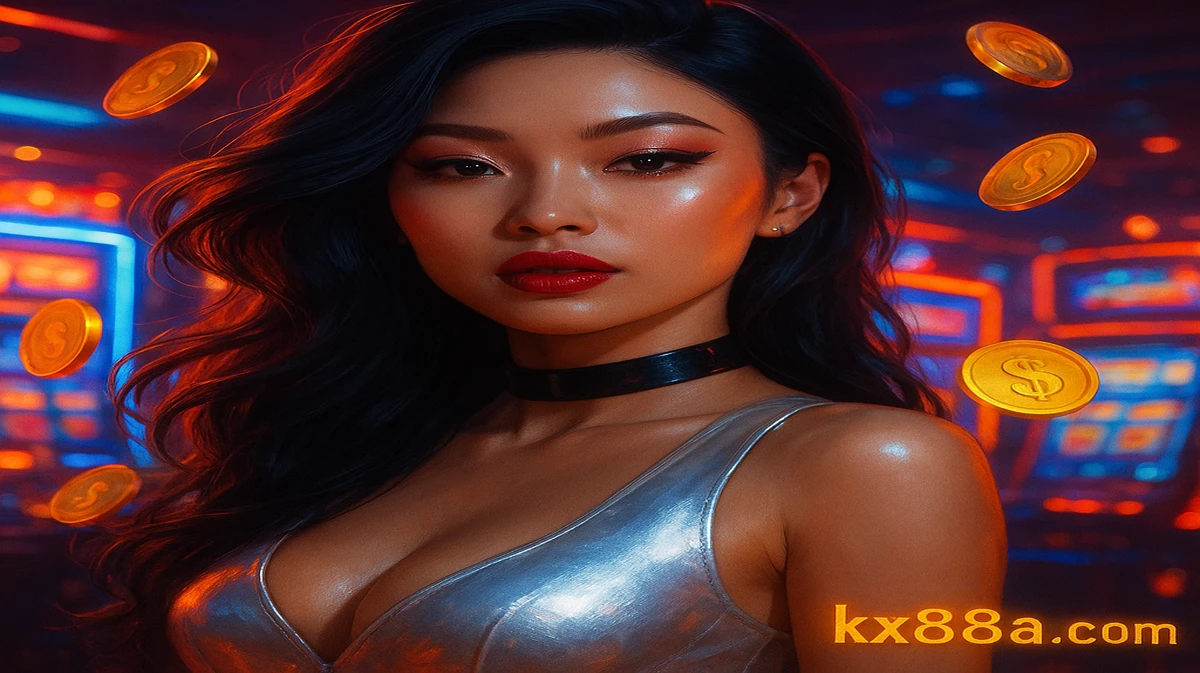 লম্বা কালো চুলে এক সুন্দরী নারী, ক্লাসিক kx88 গেমিং প্ল্যাটফর্মে উপস্থিত, চারপাশে জ্বলন্ত আর্কেড গেম ও ভাসমান স্বর্ণের কয়েনগুলো তাকে ঘিরে রয়েছে।