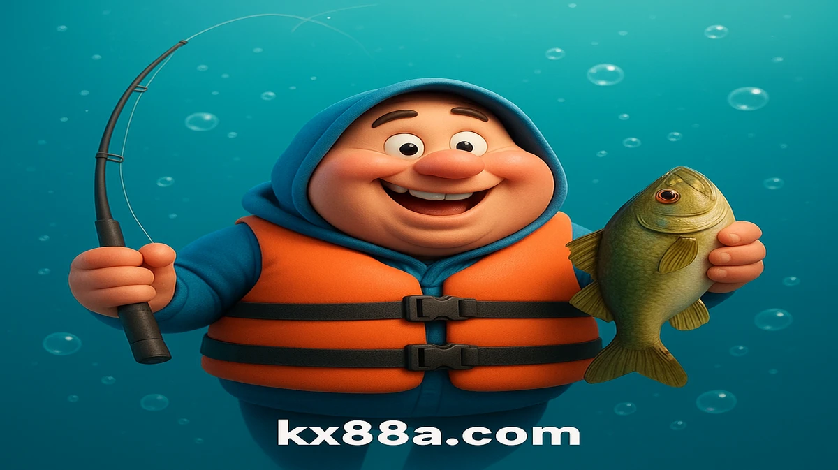 kx88-এ উপলব্ধ Big Bass মাছধরা-থিমা গেমটির কার্টুন চরিত্রটি পানির নীচে একটি মাছ ও একটি মাছ ধরার র Rod-টি গর্বভরে ধরে রয়েছে。