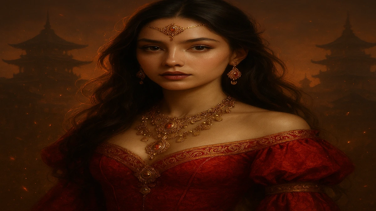 একটি অত্যন্ত সুন্দর এশীয় নারী ঐতিহ্যবাহী পোশাক ও জটিল অলংকার পরে শান্ত মন্দিরের সামনে দাঁড়িয়ে, সামনে kx88-র স্পিন-চক্রটি স্পষ্টভাবে দৃশ্যমান।