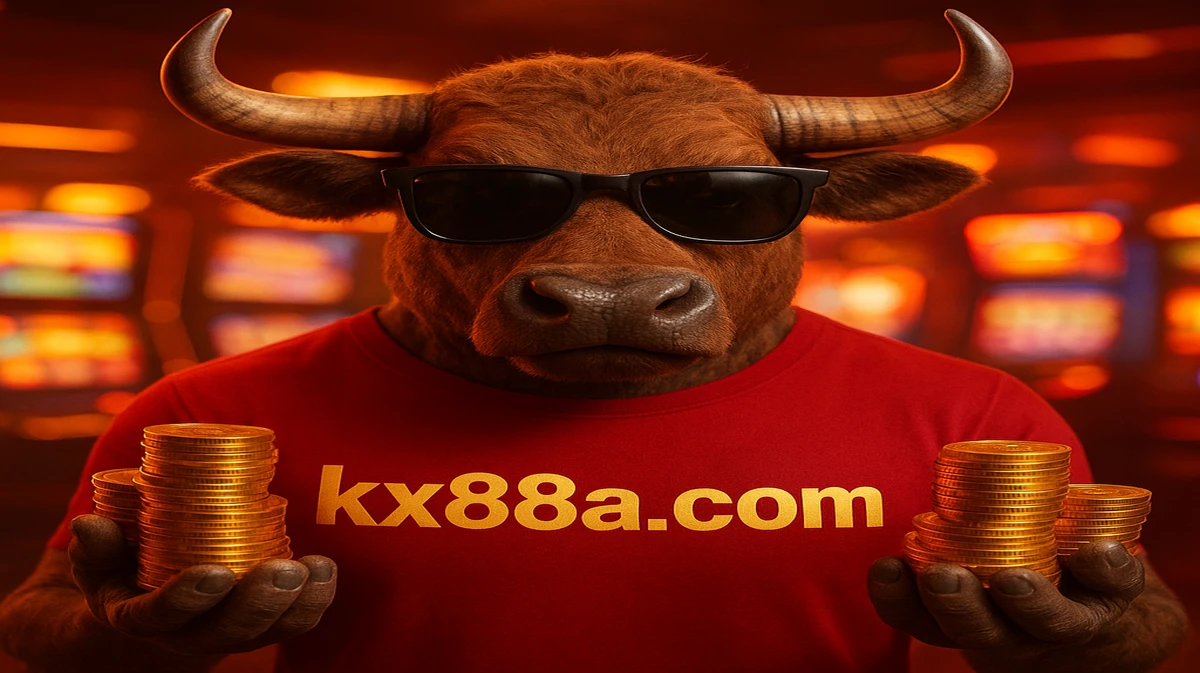 kx88-এ Fortune Ox বিনোদন-গেমটির শক্তিশালী মাসকট, সানগ্লাস পরা এক কুল ষাঁড়, উজ্জ্বল গেমিং প্ল্যাটফর্ম-সেটিংয়ে সোনা মুদ্রার স্তূপ ধরেছেন।