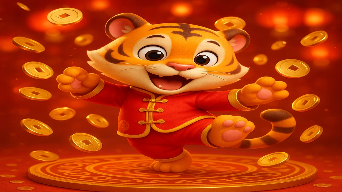 kx88-এ Fortune Tiger–র মধুর কার্টুন মূর্তি একটি মার্শাল আর্ট ভঙ্গি ধরেন, চারপাশে সোনা মুদ্রা ও শুভ লাল লণ্ঠনের ঝলকানি。