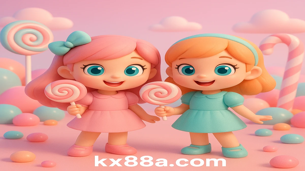 kx88-এ জনপ্রিয় Sweet Bonanza বিনোদন-গেমটির প্রতিনিধিত্বকারী হিসেবে হলুদ ও কমলা রঙের চুলের দু’টি মিষ্টি, অ্যানিমে-স্টাইল মেয়ে রঙিন ক্যান্ডি-ভূমিতে ললিপপ ধরে আছে।